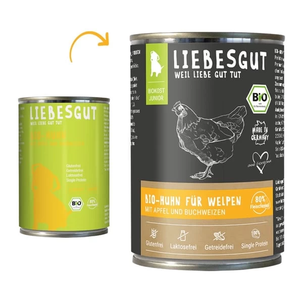 Liebesgut Biokost Junior Hund Mit Huhn, Apfel Und Buchweizen 1 Liebesgut Biokost Junior Hund Mit Huhn, Apfel Und Buchweizen